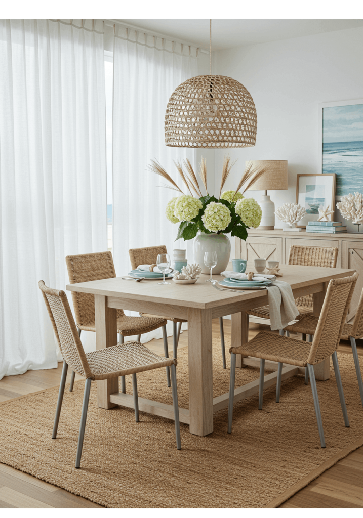 Coastal Dining with Gauzy White Curtains