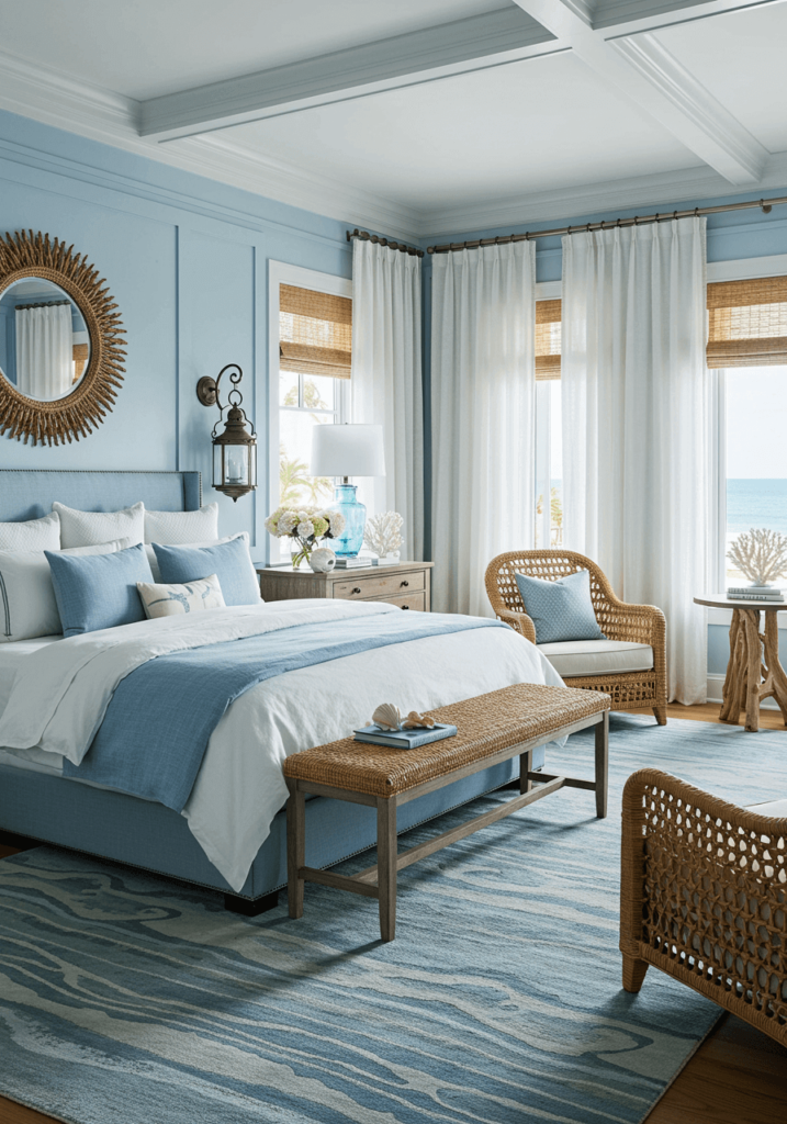 Coastal-Inspired Bedroom with Nautical Blue Accents