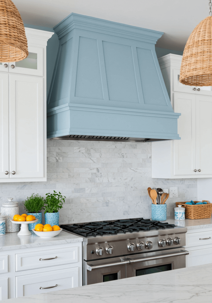 Coastal-Inspired Kitchen Hood in Soft Blue Tones