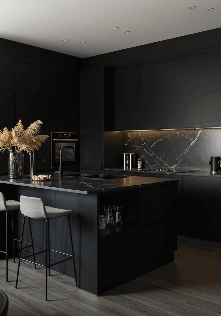 Contemporary Jet-Black Kitchen with Floating Island