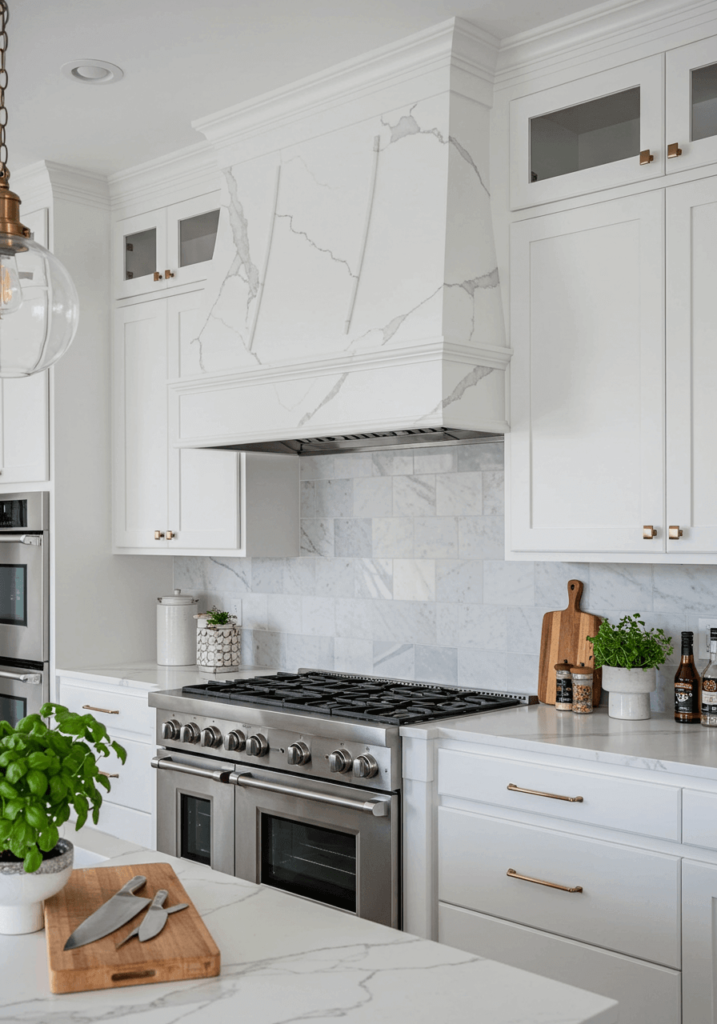 Contemporary White Kitchen Hood with Marble Accents