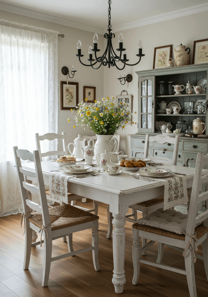 Cottage-Style Dining with Lace Curtains