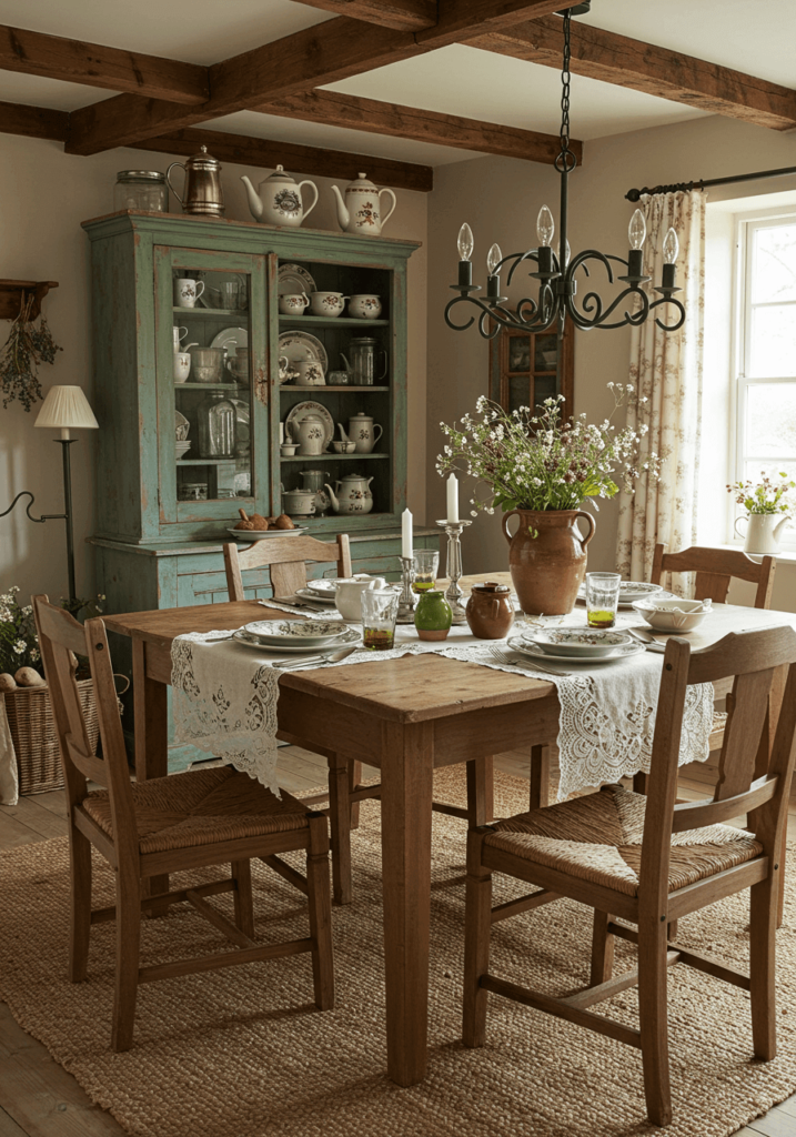 Country-Style Dining Area with Exposed Wooden Beams