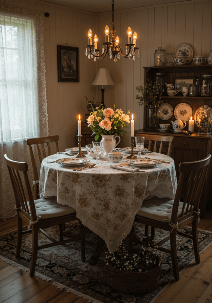 Cozy Candlelit Dining Space with Vintage Tablecloth