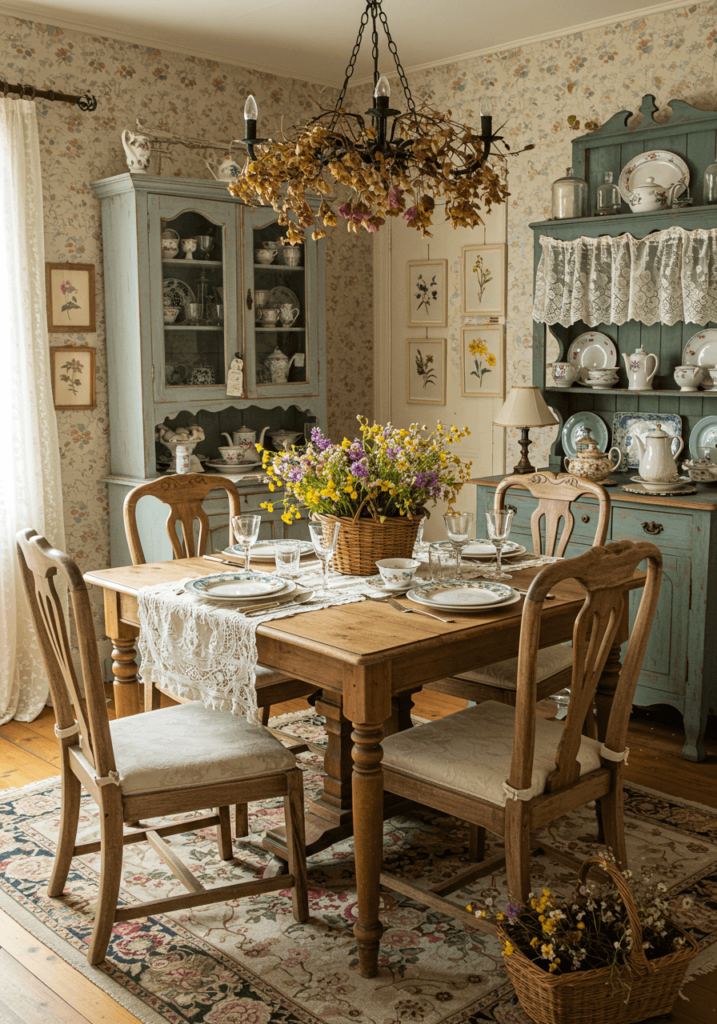 Cozy Countryside Dining Space with Floral Wallpaper