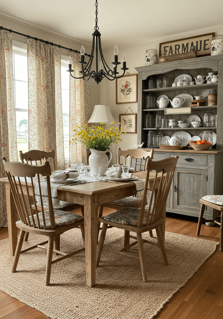 Cozy Farmhouse Dining with Floral Drapes