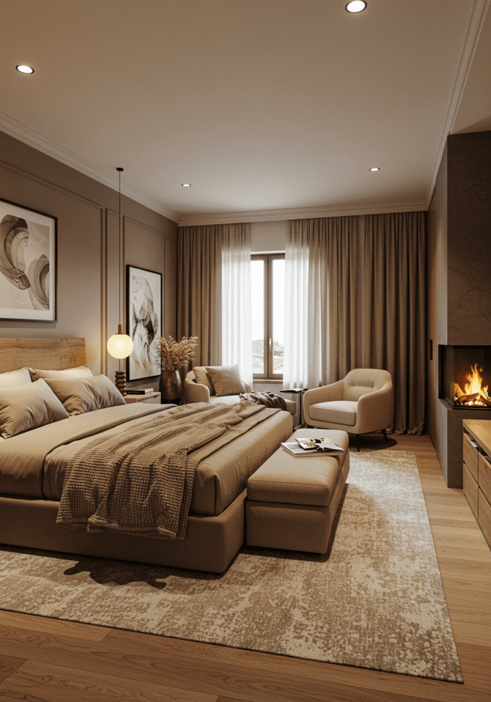 Cozy Luxury Bedroom with Fireplace & Wood Accents