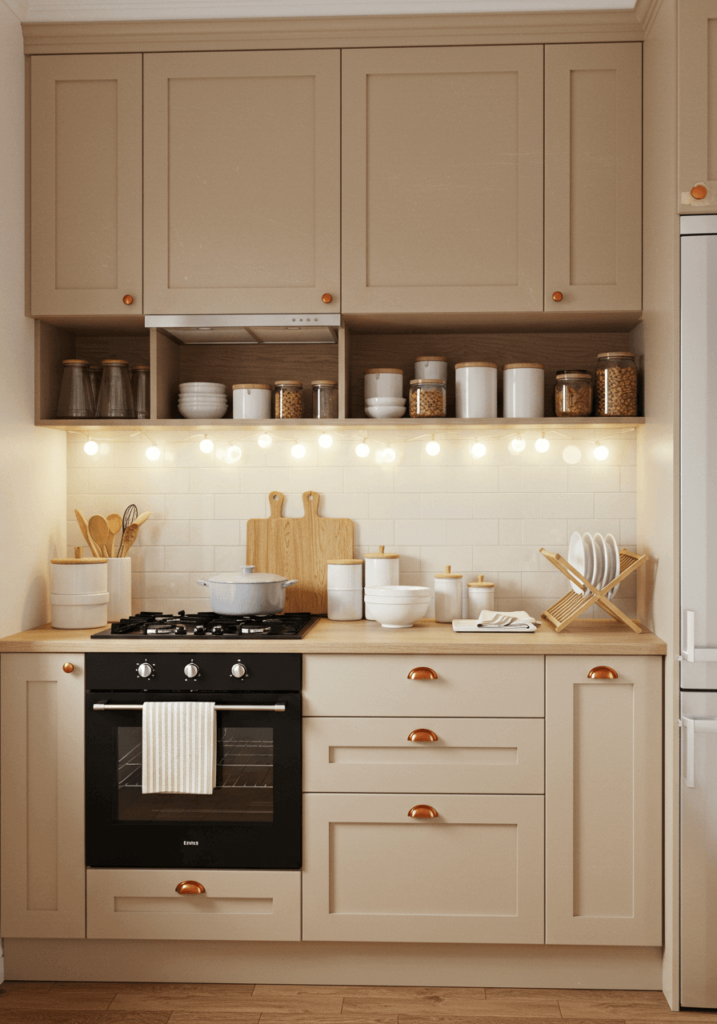 Cozy Small Kitchen with Beige Cabinets and Soft Lighting