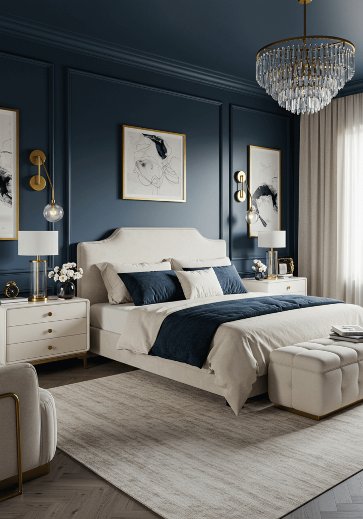 Dark Blue Walls Paired with Cream Decor Elements