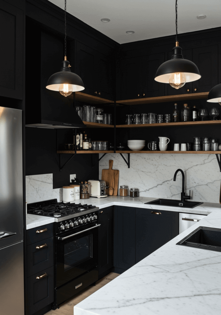 Dark Kitchen with Open Shelving and Industrial Flair