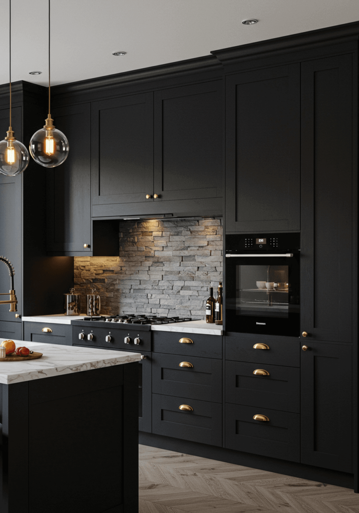 Dark Kitchen with Textured Stone and Elegant Lighting