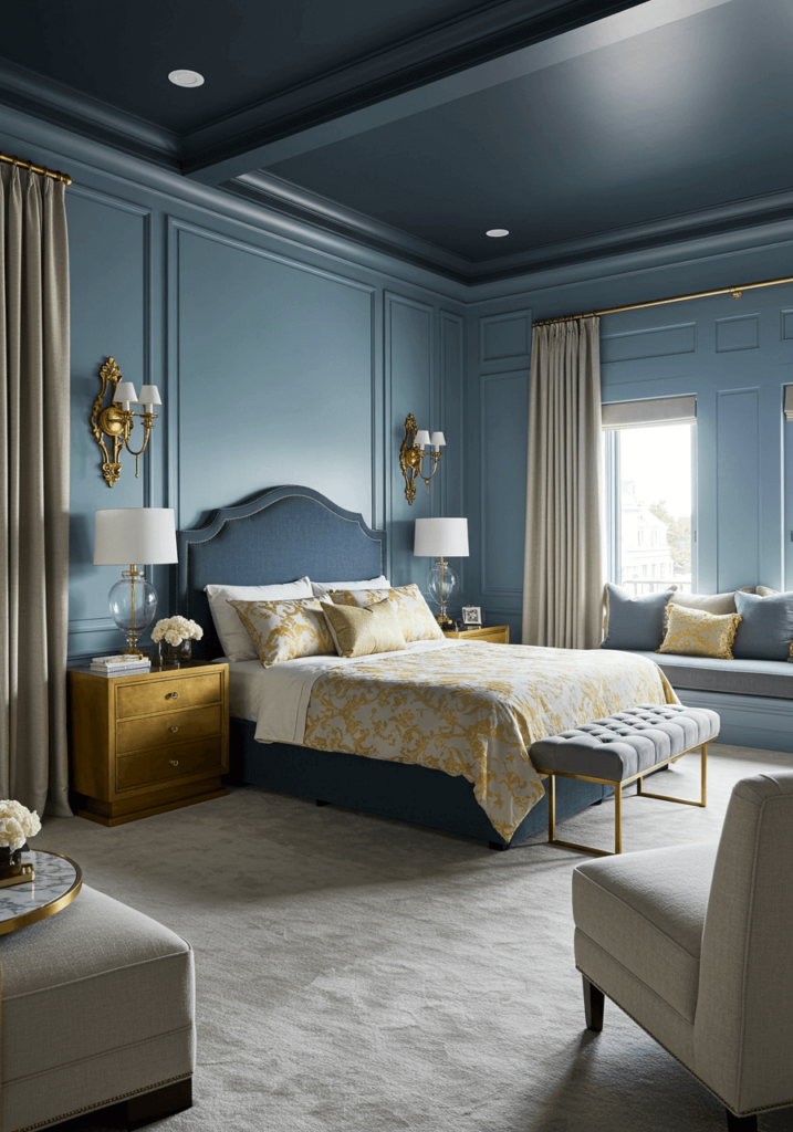 Dark Navy Ceiling with Pale Blue Walls & Gold Decor