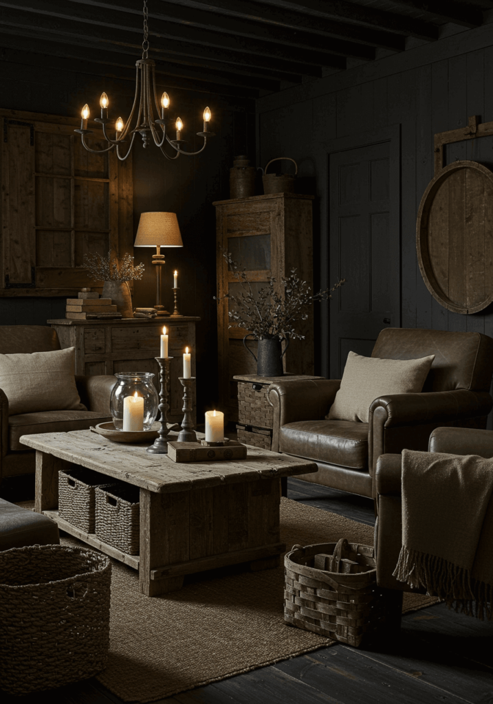 Dark, moody primitive living room with aged wood decor