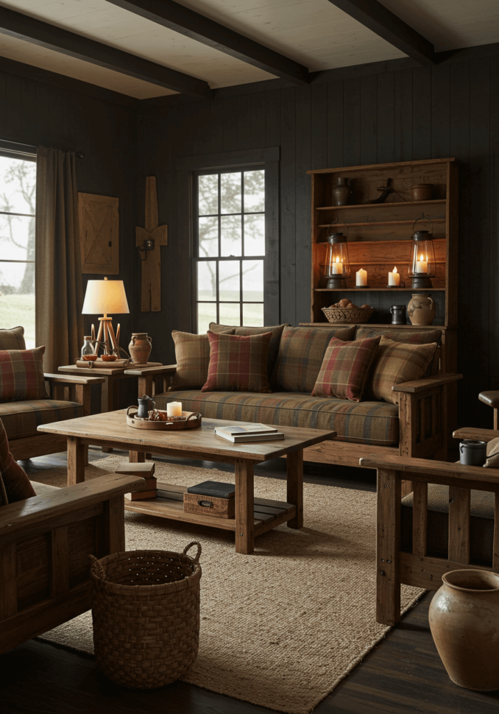 Dark-toned primitive living room with wooden furniture