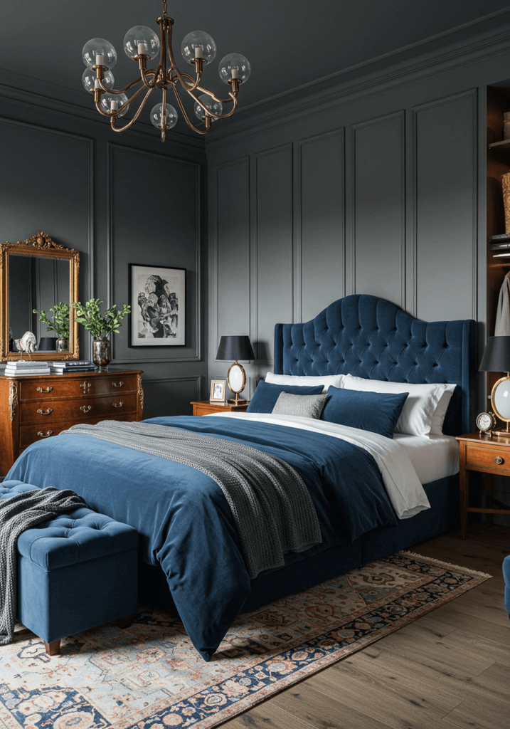 Deep Blue Velvet Bedding with Vintage Dresser