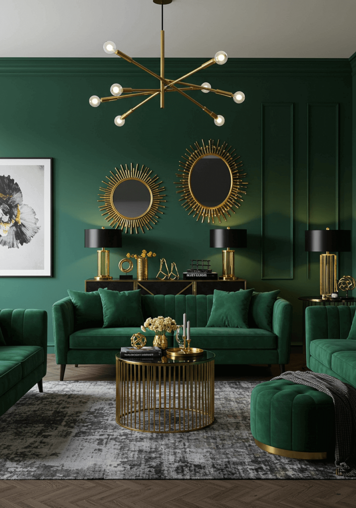 Deep emerald green living room