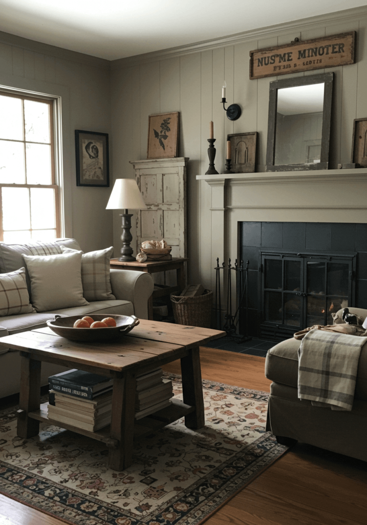 Distressed wood accents and vintage textiles