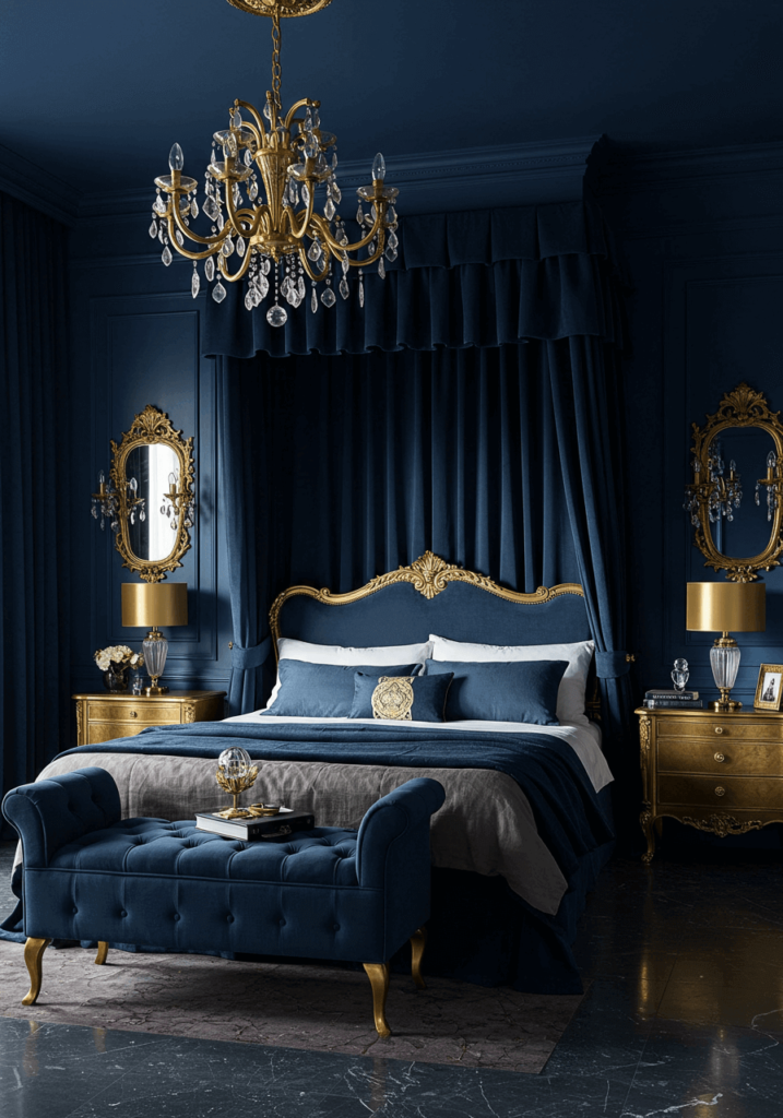 Dramatic Blue Bedroom with Floor-to-Ceiling Drapery