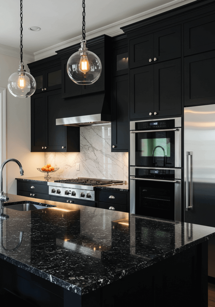 Dramatic Dark Kitchen with Statement Lighting