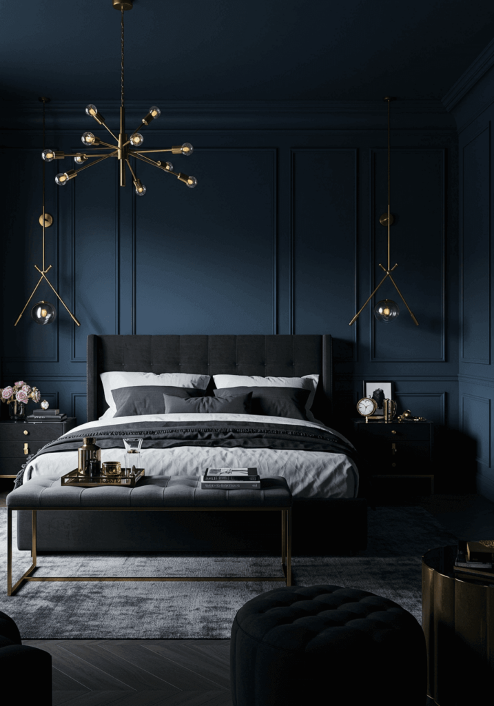 Dramatic Prussian Blue Walls and Metallic Decor