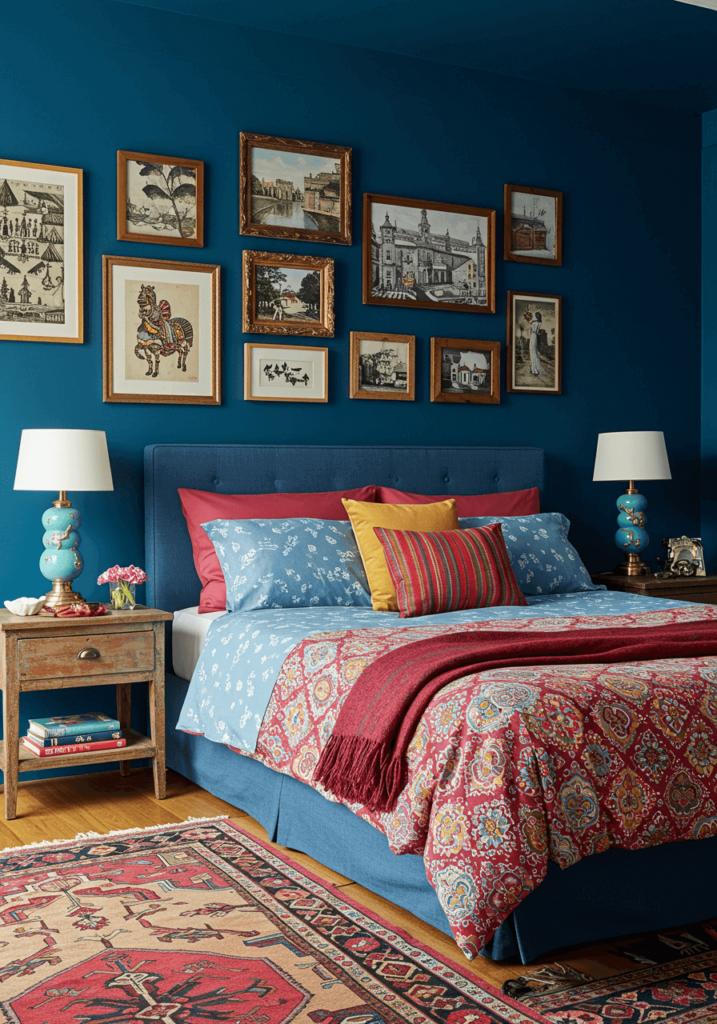 Eclectic Bedroom with Denim Blue Walls