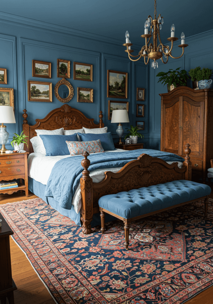 Eclectic Blue Bedroom with Vintage Decor & Textures