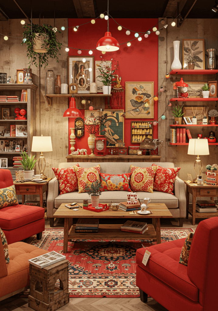 Eclectic living room with red accents