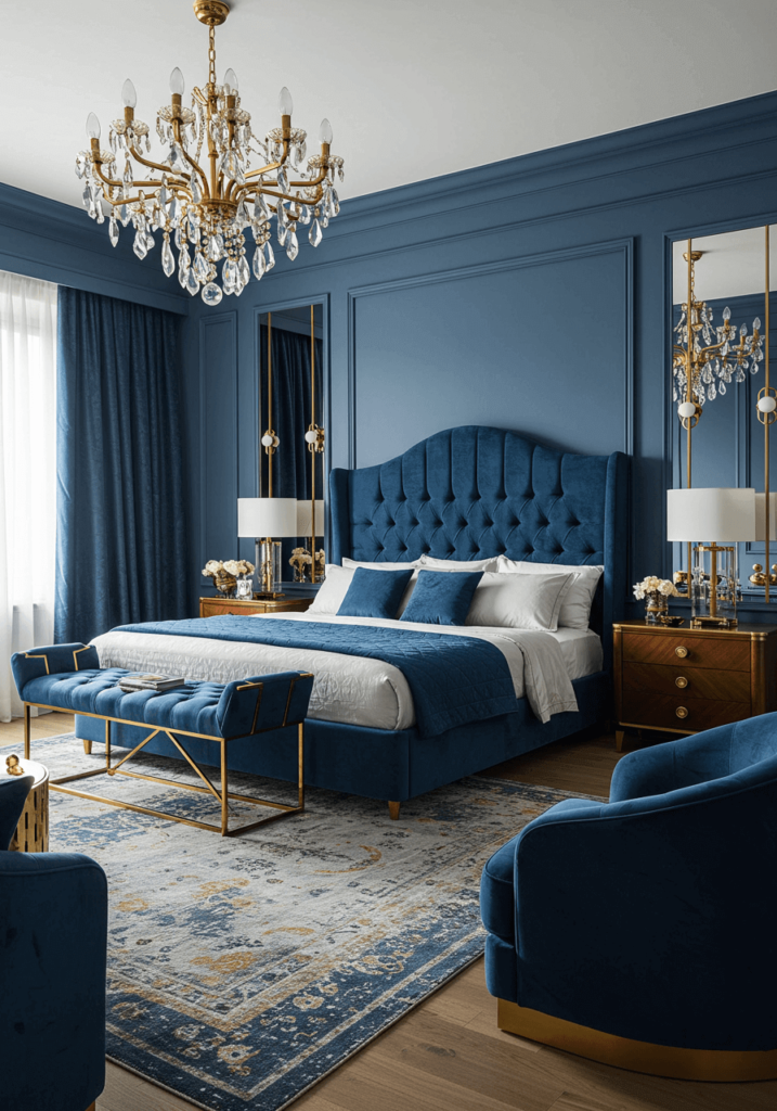 Elegant Blue & Gold Master Bedroom with Layered Lighting