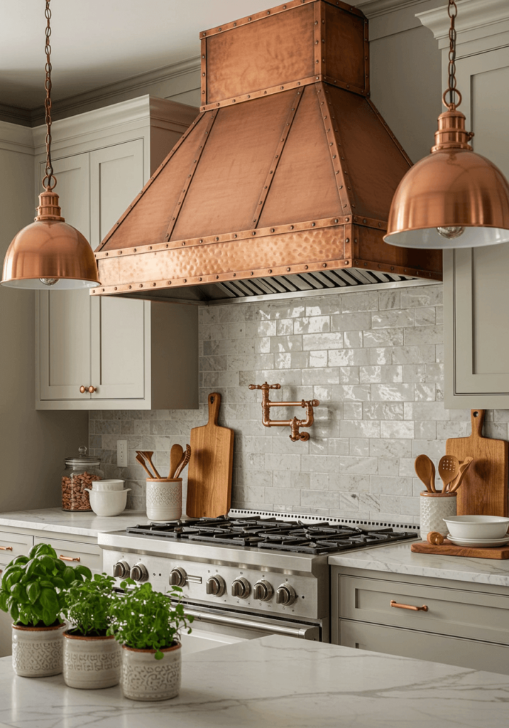 Elegant Copper Kitchen Hood with Hammered Detailing