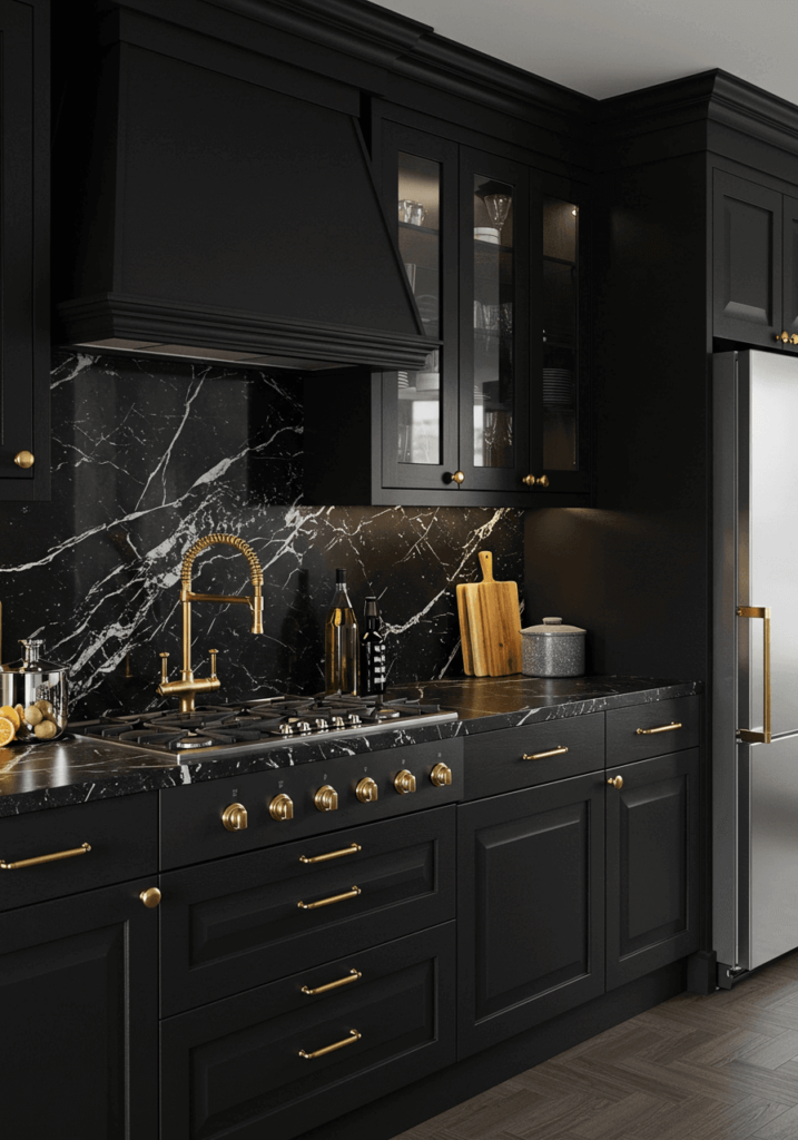 Elegant Dark Kitchen with Black Marble and Gold Faucet