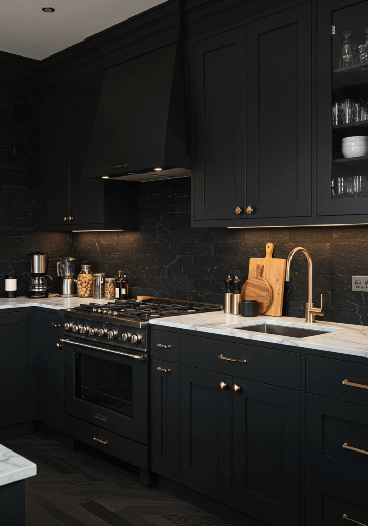 Elegant Dark Kitchen with Textured Stone Walls