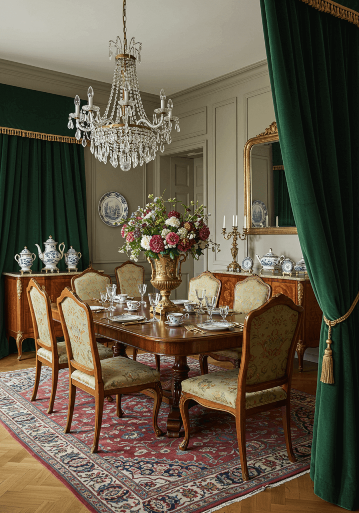 Elegant Dining with Velvet Drapes & Chandeliers