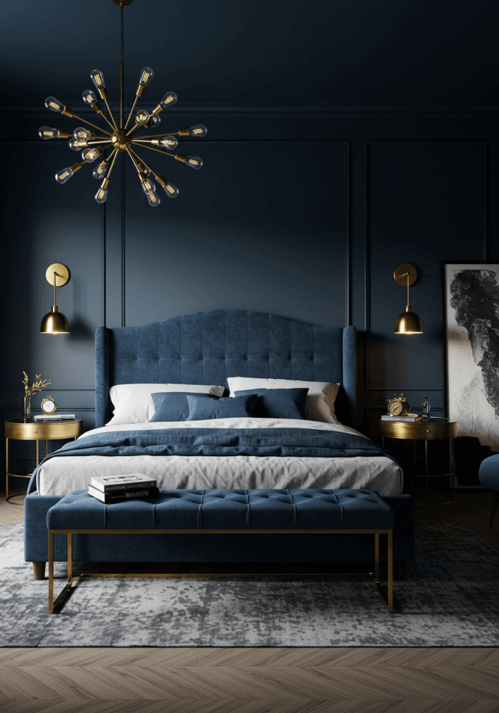 Elegant Navy Bedroom with Velvet Upholstery