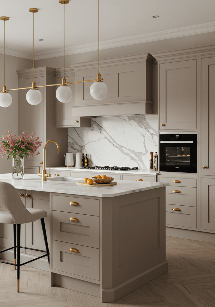 Elegant Open-Plan Kitchen with Taupe Island and Gold Accents