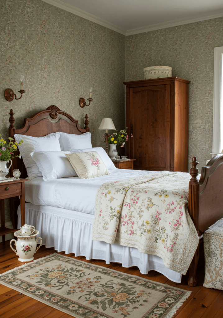 Faded Floral Wallpaper and Wooden Furniture