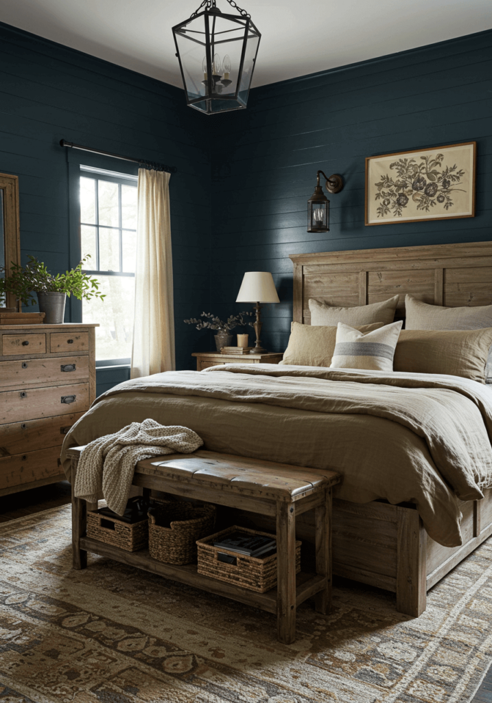 Farmhouse Blue Bedroom with Shiplap Walls