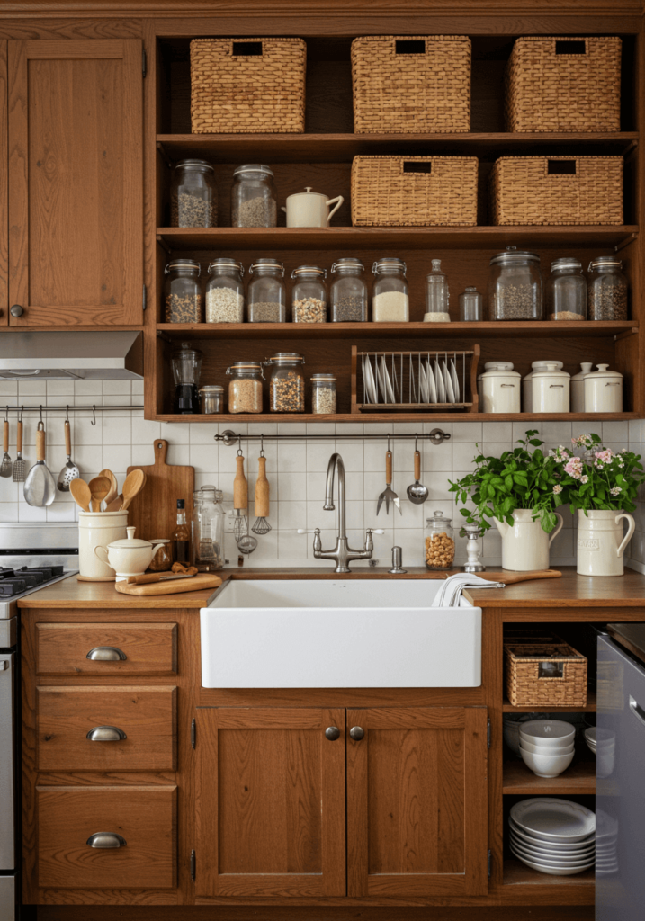 Farmhouse-Style Kitchen Cabinets with Wooden Shelves