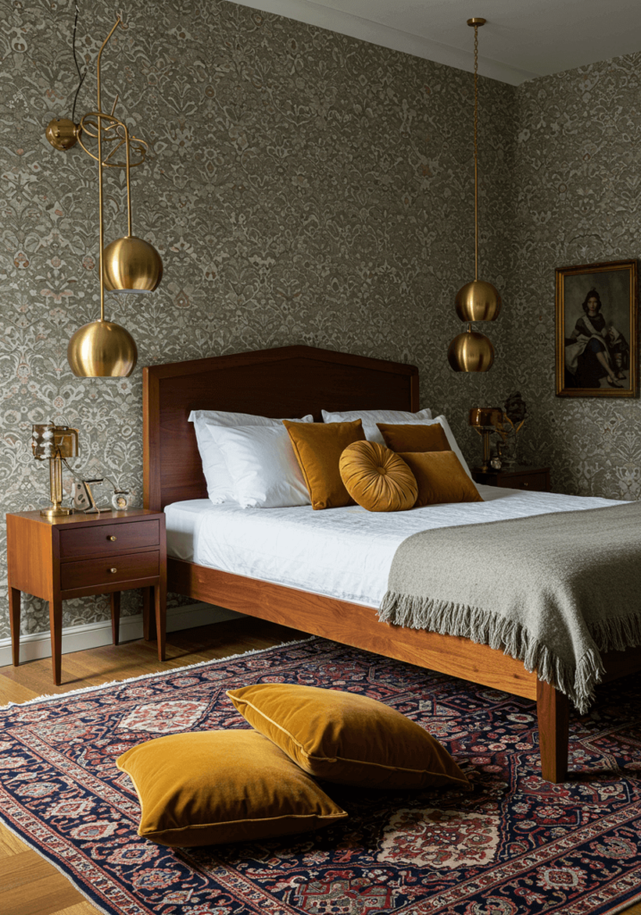 Floral Wallpaper and Brass Light Fixtures