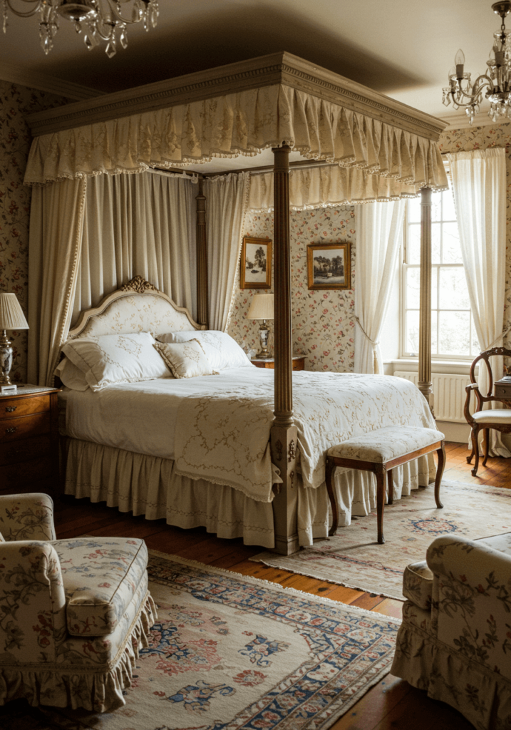 Four-Poster Bed with Floral Wallpaper