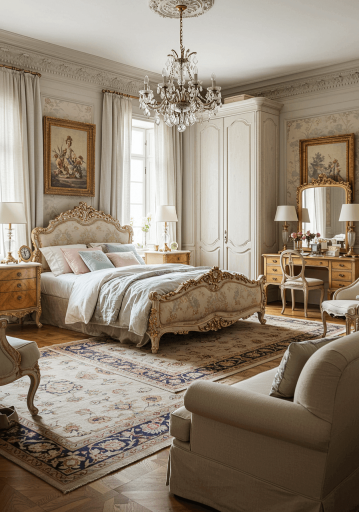 French Luxury Bedroom with Pastel & Vintage Accents