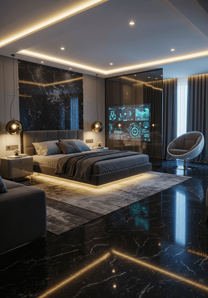 Futuristic Bedroom with Mood Lighting & Metallics