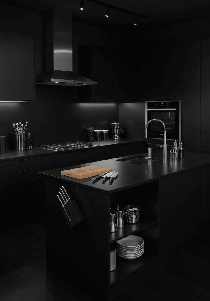 Futuristic Dark Kitchen with LED Mood Lighting