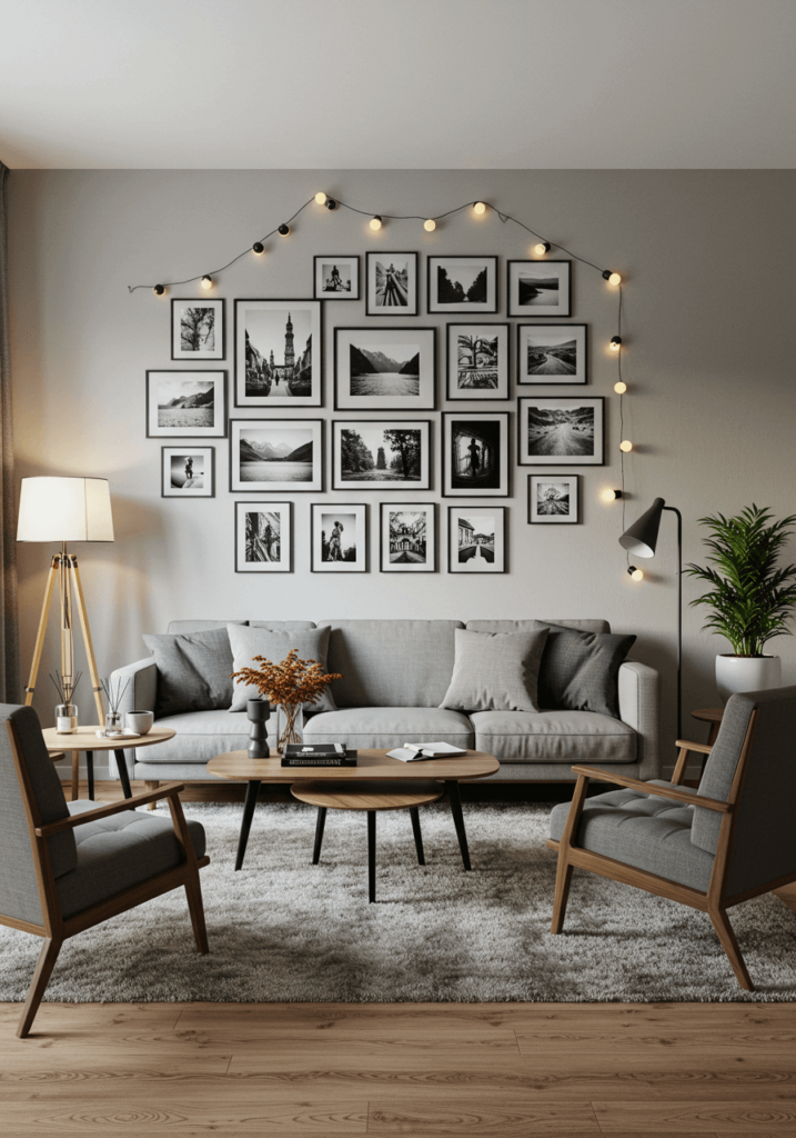 Gallery wall with black-and-white photos in sleek frames