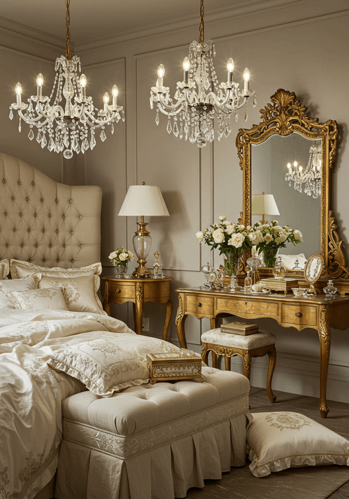 Glam Bedroom with Crystal Chandeliers