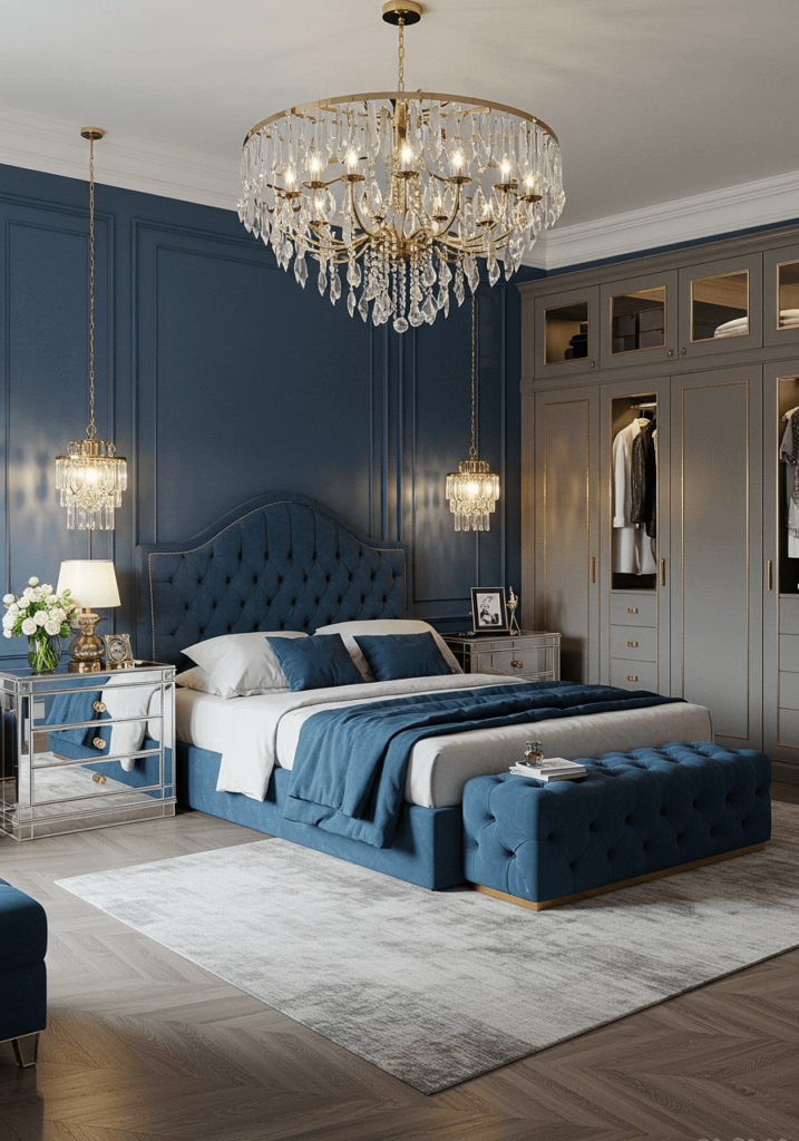 Glamorous Blue Bedroom with Mirrored Furniture