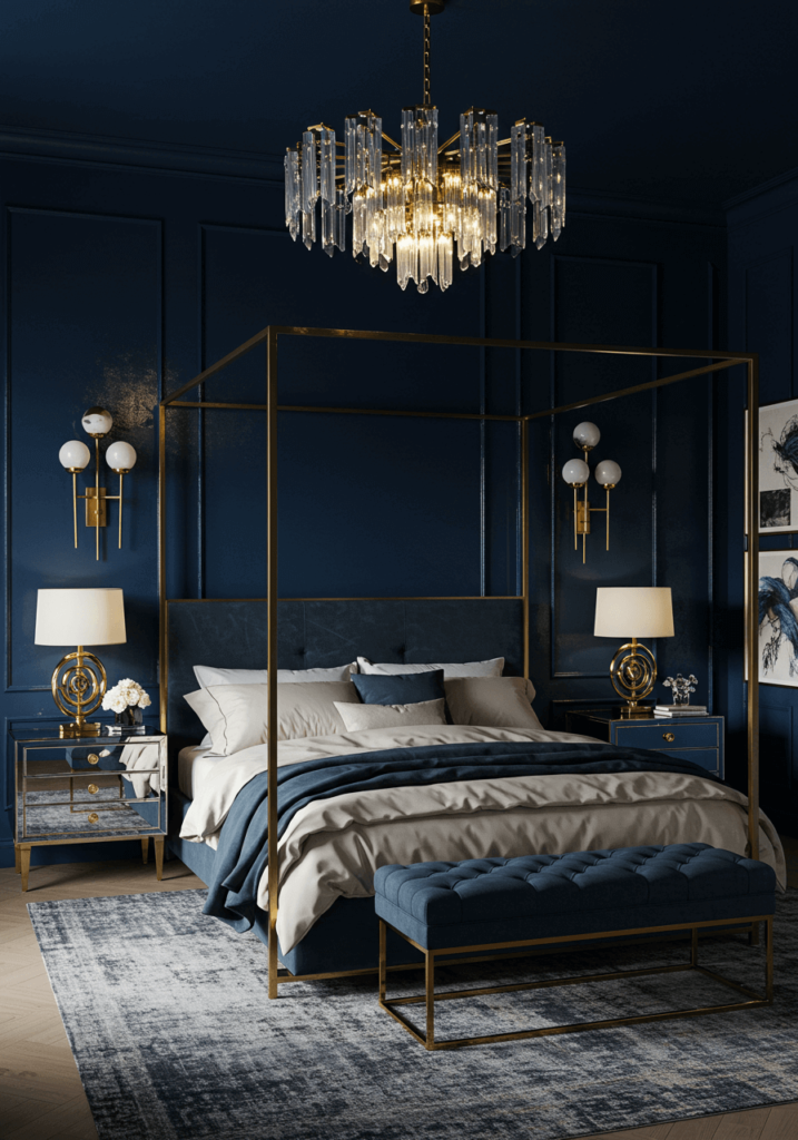 Glamorous Navy Bedroom with Gold Lighting