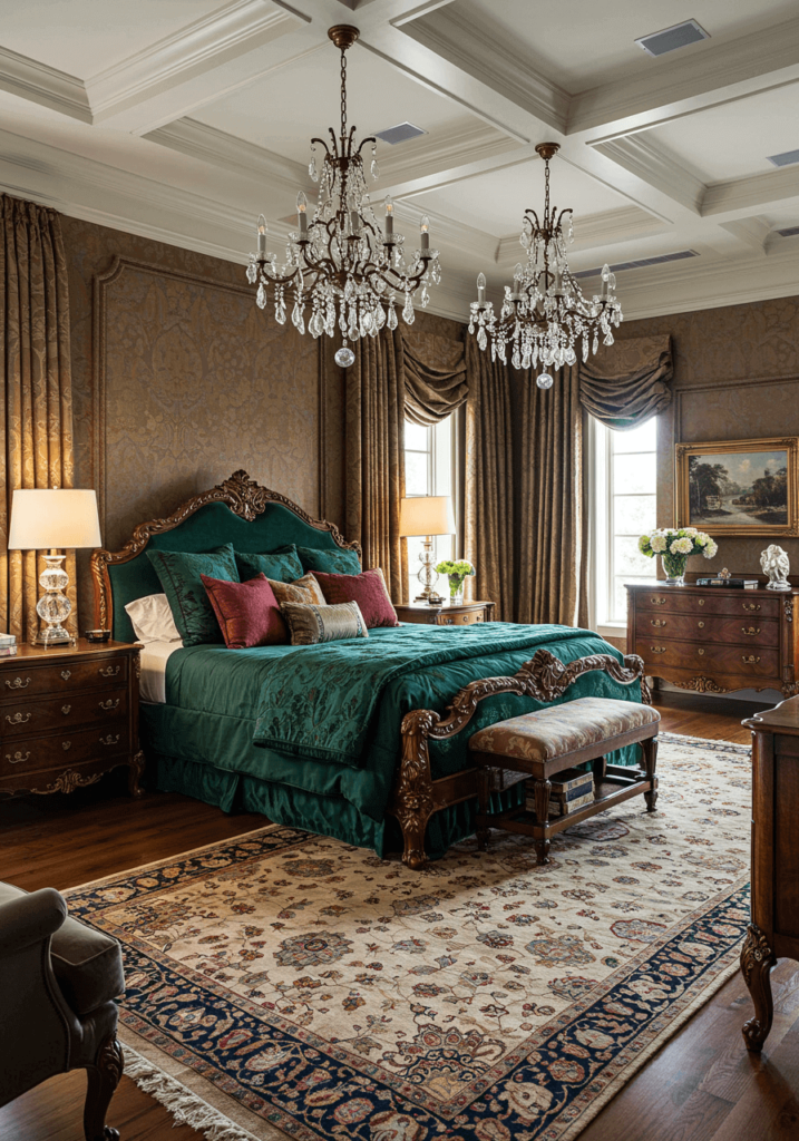 Grand Bedroom with Chandeliers & Jewel Tones