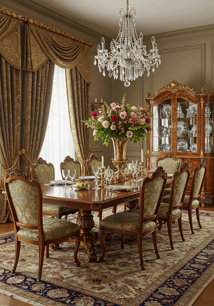 Grand Formal Dining with Ceiling-Height Curtains