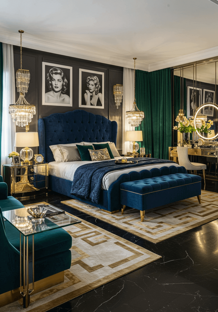 Hollywood Regency Bedroom with Bold Textures