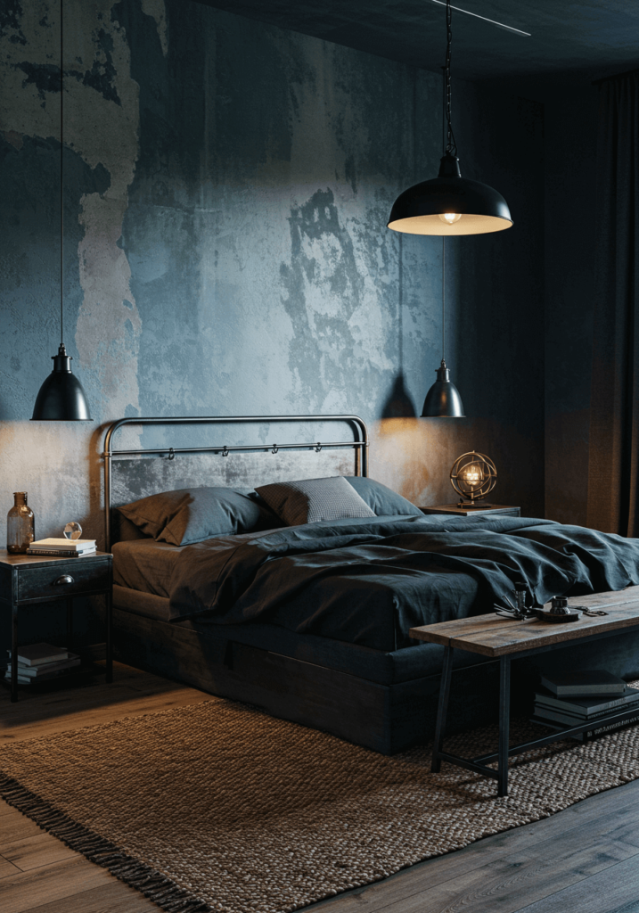 Industrial Blue Bedroom with Concrete Walls